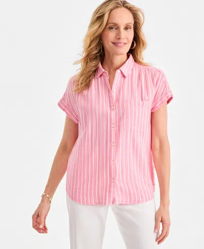 Style & Co Women's Cotton Gauze Short-sleeve Button Up Shirt, Macy's Exclusive In Pink