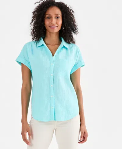 Style & Co Women's Cotton Gauze Short-sleeve Button Up Shirt, Created For Macy's In Blue
