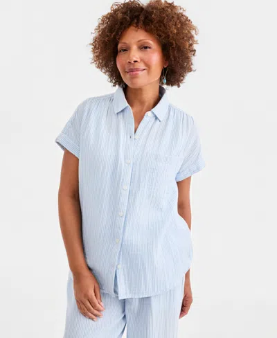 Style & Co Women's Cotton Gauze Short-sleeve Button Up Shirt, Created For Macy's In Blue