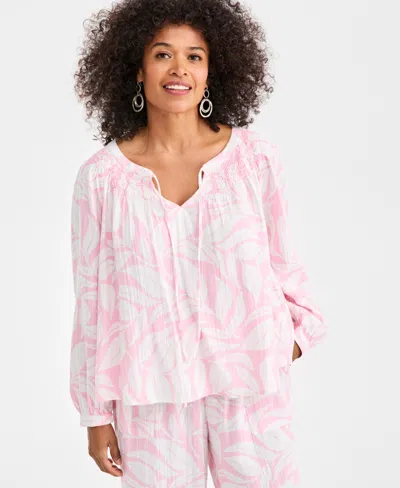 Style & Co Women's Cotton Gauze Smocked Neck Peasant Top, Macy's Exclusive In Pink