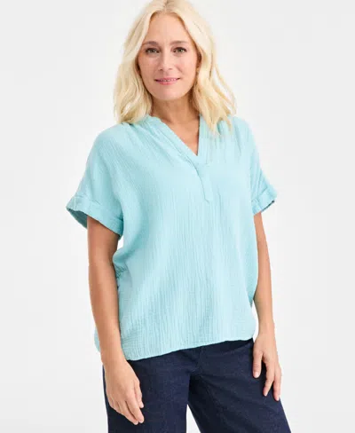 Style & Co Women's Cotton Gauze Split-neck Dolman-sleeve Shirt, Macy's Exclusive In Blue
