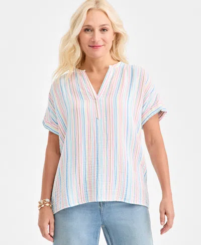 Style & Co Women's Cotton Gauze Split-neck Dolman-sleeve Shirt, Macy's Exclusive In Multi
