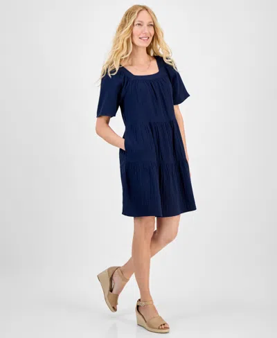 Style & Co Women's Cotton Gauze Square-neck Tiered Dress, Exclusively At Macy's In Blue