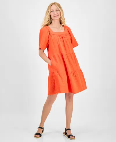 Style & Co Women's Cotton Gauze Square-neck Tiered Dress, Exclusively At Macy's In Orange