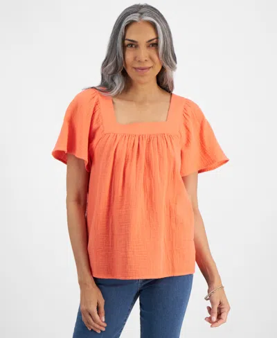 Style & Co Women's Cotton Gauze Square-neck Top, Created For Macy's In Hot Coral