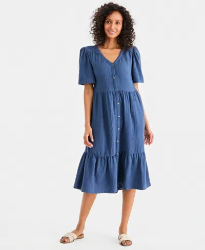Style & Co Women's Cotton Gauze Tiered Button-front Midi Dress, Macy's Exclusive In Blue