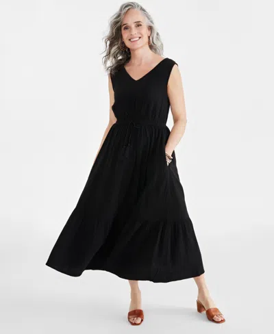 Style & Co Women's Cotton Gauze V-neck Midi Dress, Created For Macy's In Deep Black