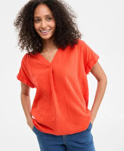 Style & Co Women's Cotton Gauze V-neck Short-sleeve Top, Exclusively At Macy's In Atomic Orange