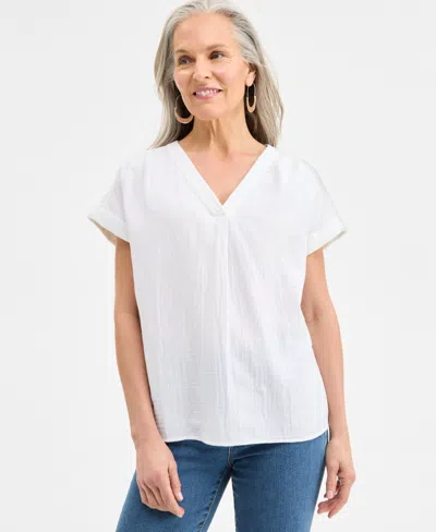 Style & Co Women's Cotton Gauze V-neck Short-sleeve Top, Exclusively At Macy's In Bright White