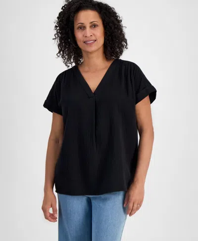 Style & Co Women's Cotton Gauze V-neck Short-sleeve Top, Exclusively At Macy's In Deep Black
