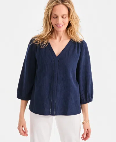 Style & Co Women's Cotton Gauze V-neck Blouse, Macy's Exclusive In Blue