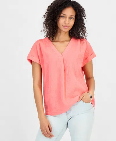 Style & Co Women's Cotton Gauze V-neck Short-sleeve Top, Exclusively At Macy's In Pink