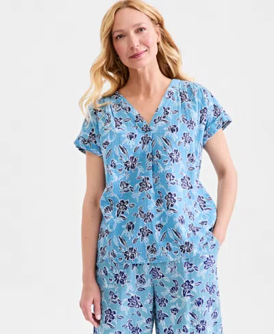 Style & Co Women's Cotton Gauze V-neck Short-sleeve Top, Exclusively At Macy's In Bloom Cool River