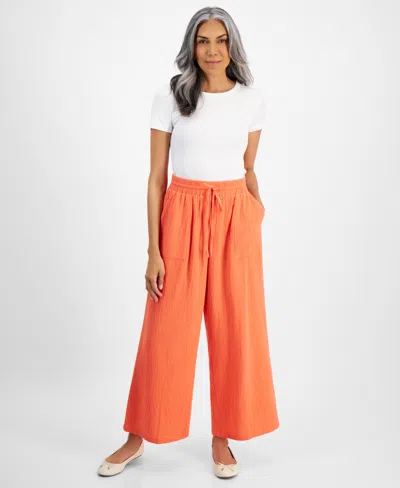 Style & Co Women's Cotton Gauze Wide-leg Pants, Created For Macy's In Hot Coral