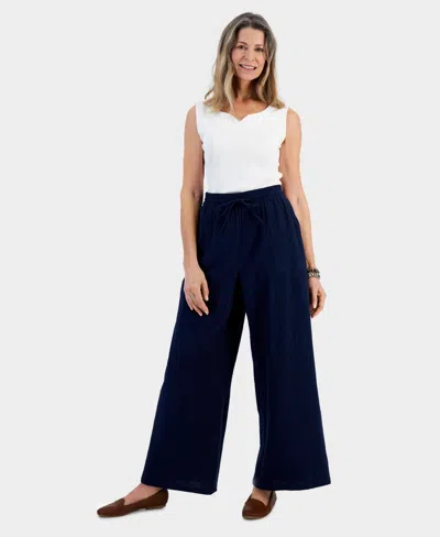 Style & Co Women's Cotton Gauze Wide-leg Pants, Created For Macy's In Industrial Blue
