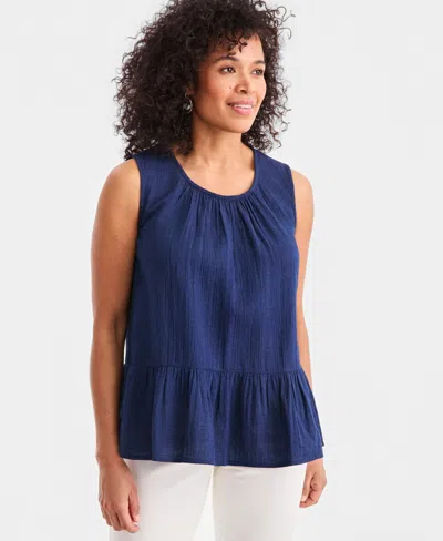 Style & Co Women's Cotton Indigo Gauze Sleeveless Blouse, Macy's Exclusive In Blue