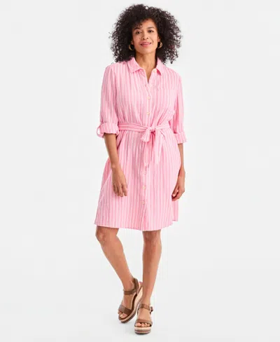 Style & Co Women's Cotton Gauze Tie-waist Shirt Dress, Macy's Exclusive In Pink