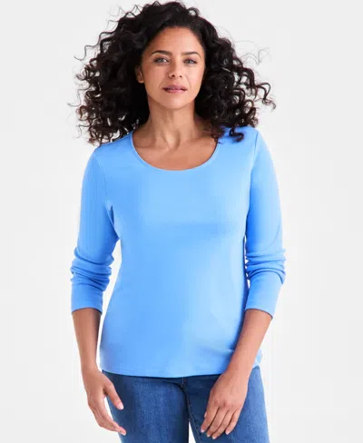 Style & Co Women's Cotton Long-sleeve Scoop-neck Top, Created For Macy's In Blue