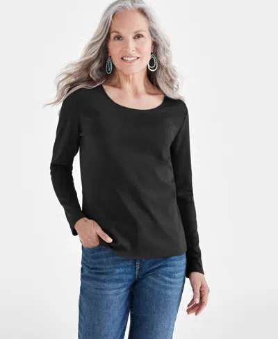 Style & Co Womens Cotton Long Sleeve Scoop Neck Top Pp 4x Created For Macys In Black