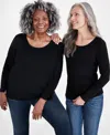 Style & Co Womens Cotton Long Sleeve Scoop Neck Top Pp 4x Created For Macys In Deep Black