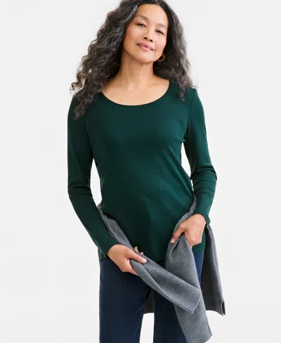 Style & Co Women's Cotton Long-sleeve Scoop-neck Top, Created For Macy's In Green