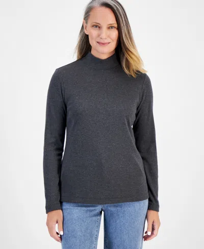 Style & Co Petite Mock-neck Cotton Long-sleeve T-shirt, Created For Macy's In Charcoal Heather