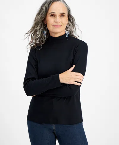 Style & Co Petite Mock-neck Cotton Long-sleeve T-shirt, Created For Macy's In Deep Black