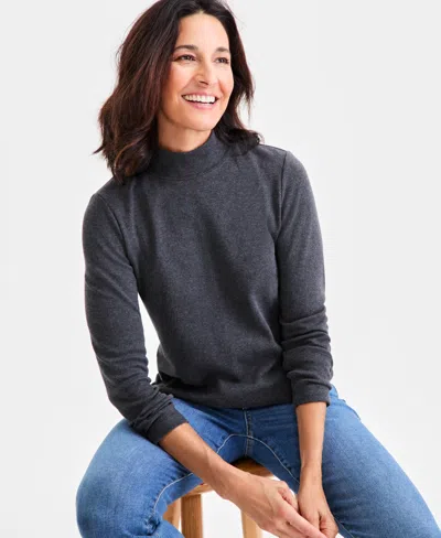 Style & Co Women's Cotton Mock-neck Long-sleeve Tee, Created For Macy's In Gray