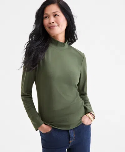 Style & Co Women's Cotton Mock-neck Long-sleeve Tee, Created For Macy's In Green