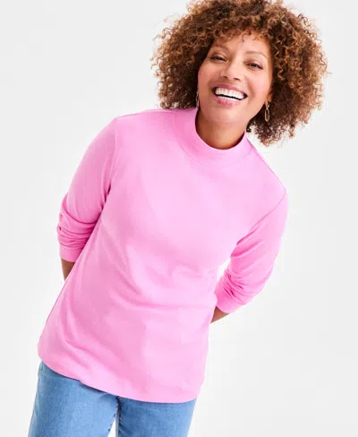 Style & Co Women's Cotton Mock-neck Long-sleeve Tee, Created For Macy's In Pink