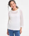 Style & Co Women's Cotton Open-knit 3/4-sleeve Sweater, Exclusively At Macy's In White