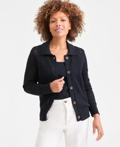 Style & Co Women's Cotton Open-stitch Cardigan Sweater, Macy's Exclusive In Black