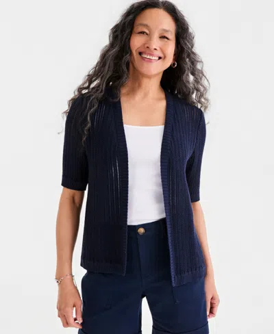 Style & Co Women's Cotton Open-front Elbow-sleeve Cardigan, Exclusively At Macy's In Blue