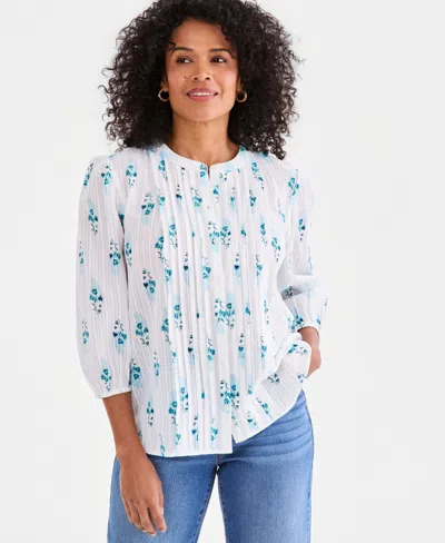 Style & Co Women's Cotton Pintuck-front 3/4-sleeve Top, Macy's Exclusive In Blue