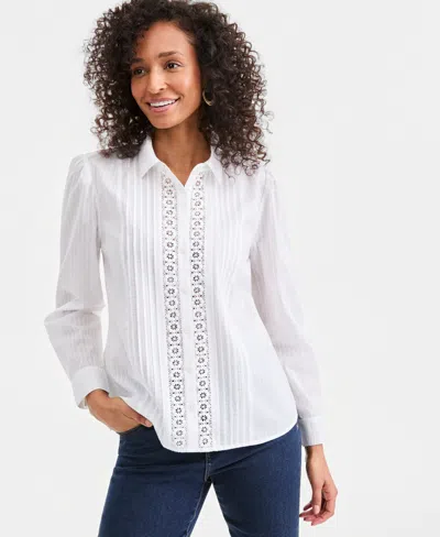 Style & Co Women's Cotton Pleated Lace-trim Blouse, Macy's Exclusive In White