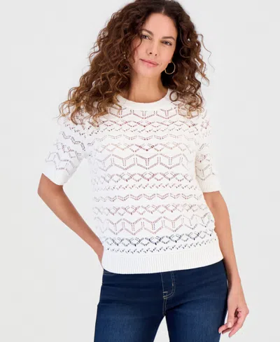 Style & Co Women's Cotton Pointelle Short-sleeve Sweater, Macy's Exclusive In White