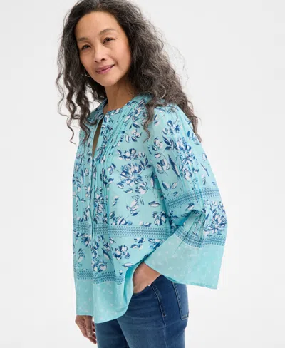 Style & Co Women's Cotton Printed 3/4-sleeve Blouse, Exclusively At Macy's In Floral Aqua