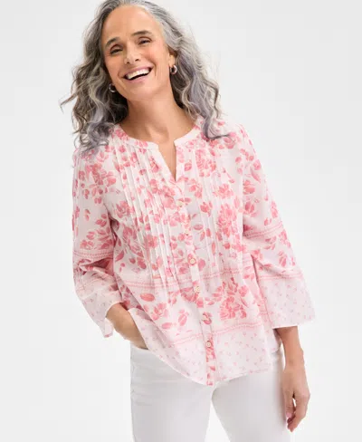 Style & Co Women's Cotton Printed 3/4-sleeve Blouse, Exclusively At Macy's In Floral Salmon