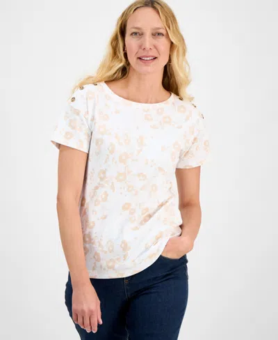 Style & Co Women's Cotton Printed Button-shoulder Top, Exclusively At Macy's In White