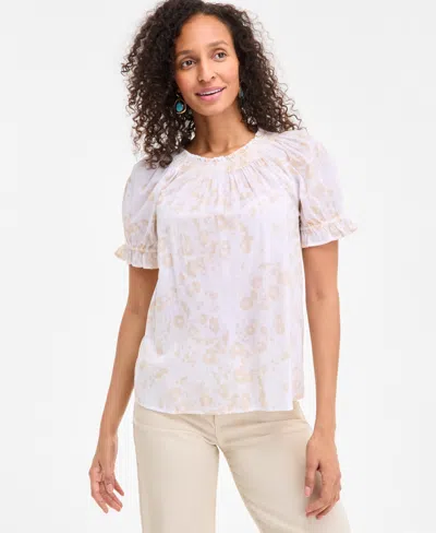 Style & Co Women's Cotton Printed Contrast-stitch Puff-sleeve Top, Exclusively At Macy's In White