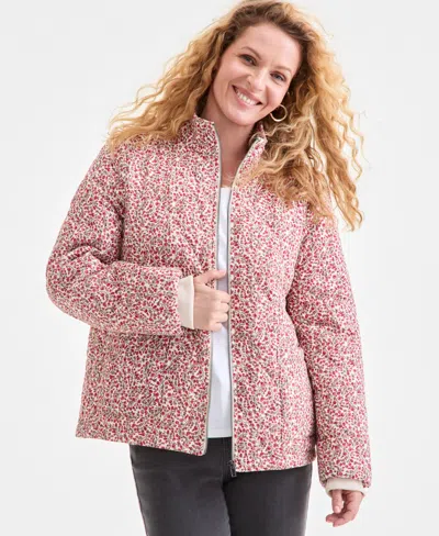 Style & Co Women's Cotton Printed Puffer Jacket, Macy's Exclusive In Pink