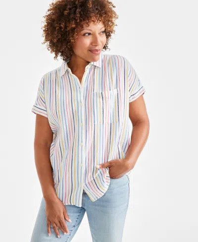 Style & Co Women's Cotton Printed Short-sleeve Button Camp Shirt, Created For Macy's In Multi Stripe