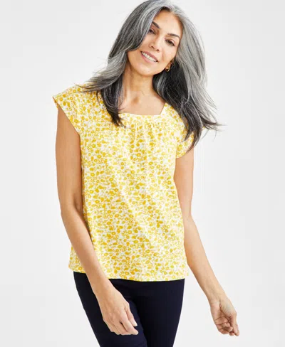 Style & Co Women's Cotton Printed Square-neck Top, Created For Macy's In Yellow Floral