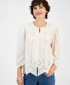 Style & Co Women's Cotton Ruched 3/4-sleeve Eyelet Top, Macy's Exclusive In Green