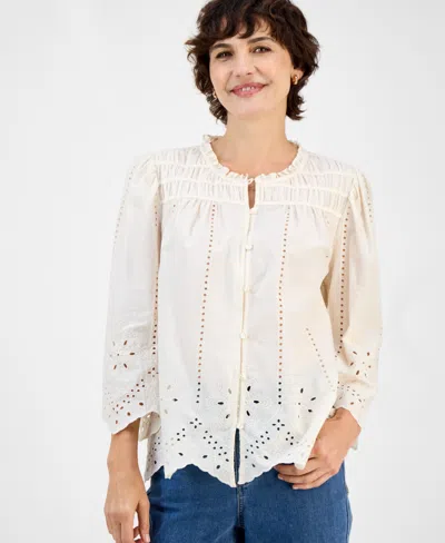 Style & Co Women's Cotton Ruched 3/4-sleeve Eyelet Top, Macy's Exclusive In Green