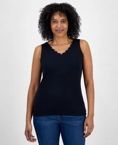 Style & Co Women's Cotton Scalloped V-neck Sleeveless Top, Exclusively At Macy's In Deep Black
