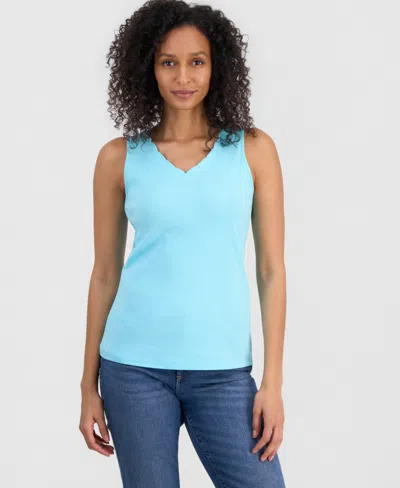 Style & Co Women's Cotton Scalloped V-neck Sleeveless Top, Exclusively At Macy's In Blue