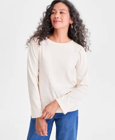 Style & Co Women's Cotton Sequined-trim Long-sleeve Top, Macy's Exclusive In Brown