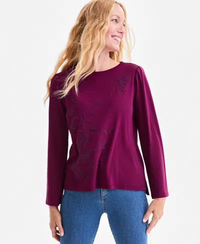 Style & Co Women's Cotton Sequined-trim Long-sleeve Top, Macy's Exclusive In Burgundy