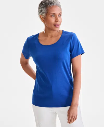 Style & Co Women's Cotton Short-sleeve Scoop-neck Top, Created For Macy's In Blue Echo